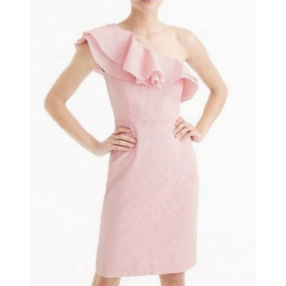 J Crew Off One-Shoulder Ruffle Dress Pink Pin Striped Seersucker Size 10 NWT